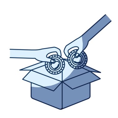 karton kutuda yatırmak için içinde kalp şekli ile bir sikke tutan çifti elleri yan görünümü mavi renk siluet gölgelendirme