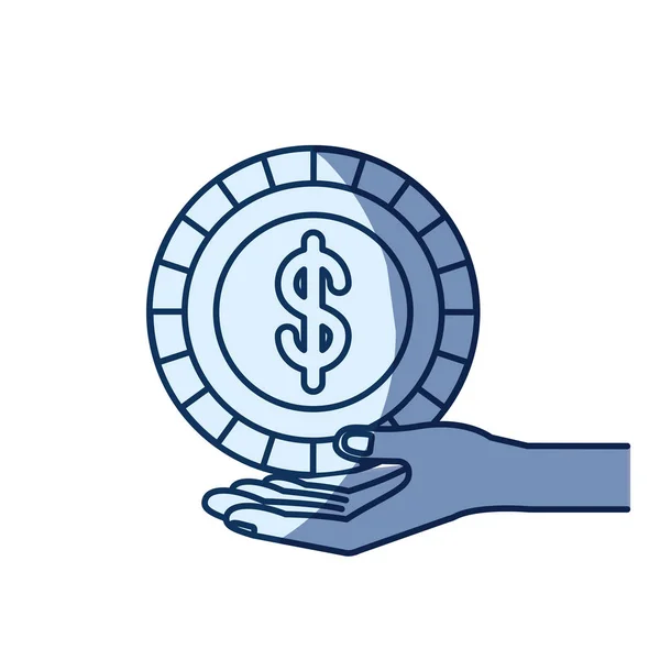 Blå färg silhuett skuggning av handen Palm ger ett mynt med dollar symbol — Stock vektor