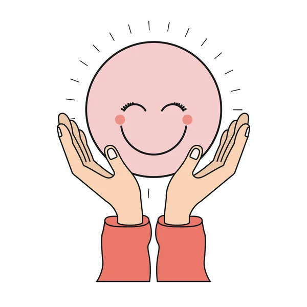 Manos silueta colorido con flotante rosa circular feliz cara sonriente — Vector de stock
