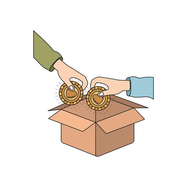 Çift eller renkli siluet yan görünümü karton kutuda yatırmak için içinde kalp şekli ile bir sikke tutarak — Stok Vektör