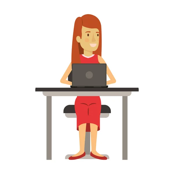 Barevná silueta ženy s dlouhými vlasy a rovné a sedící na židli v pracovním stole s přenosným počítačem — Stockový vektor