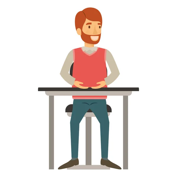 Sagoma colorata dell'uomo con barba in abiti formali e capelli rossi e seduto in sedia sul desktop — Vettoriale Stock