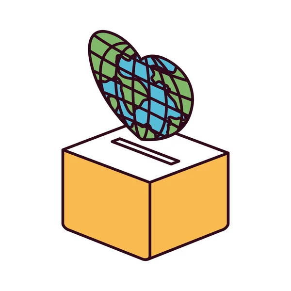 Кольорові секції силуету збоку переглядають світ земної кулі у формі серця для депозиту в картонній коробці — стоковий вектор
