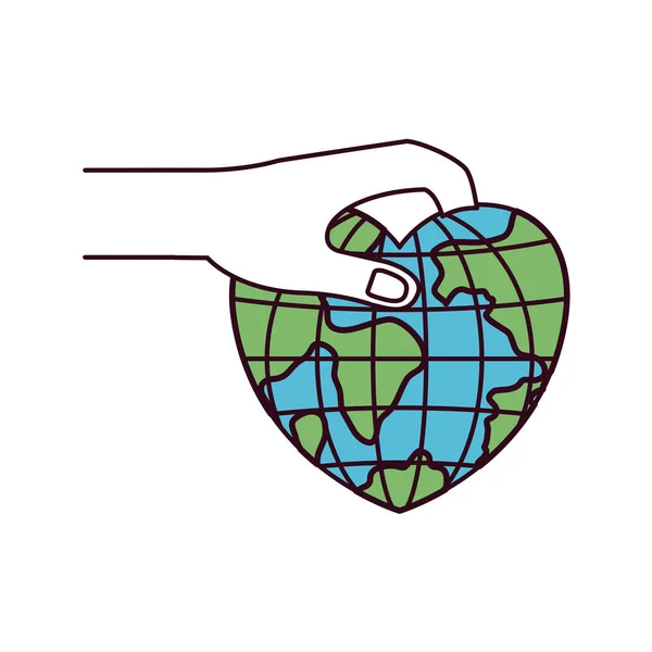 Silueta barevných sekcí pohled na ruku, který drží svět zeměkoule ve tvaru srdce k uložení — Stockový vektor
