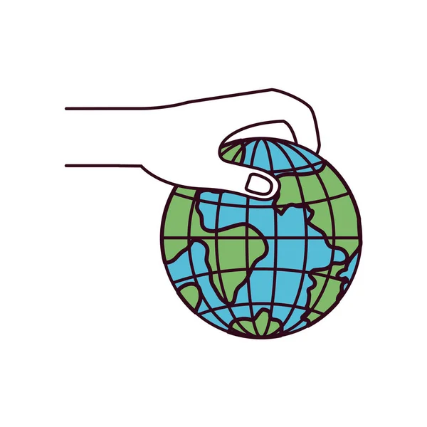 Silueta color secciones vista lateral de la mano sosteniendo un globo terráqueo símbolo de caridad mundial para depositar — Archivo Imágenes Vectoriales