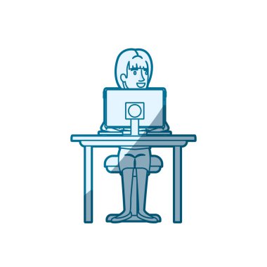 mavi renk siluet gölgelendirme kadın ve bilgisayar cihazı ile masada sandalyede oturan saç kuyruğu