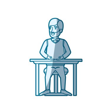 resmi takım elbise ve saç tarafında sakallı adam mavi renk siluet gölgelendirmesi ayrıldı ve masaüstünde sandalyede oturuyor