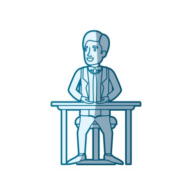 resmi takım elbise ve saç tarafında adam mavi renk siluet gölgelendirmesi ayrıldı ve masaüstünde sandalyede oturuyor