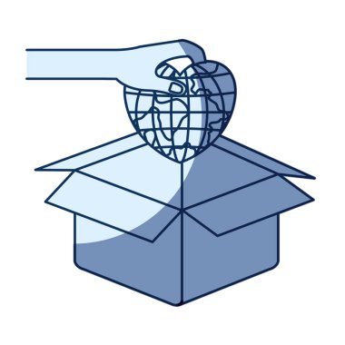 el Mavi renk siluet gölgelendirme karton kutuda yatırmak için kalp şekli bir dünya dünya dünya tutan