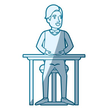 Resmi giysi ve saç yan saçak ve masaüstünde sandalyede oturan adam mavi renk siluet gölgelendirme