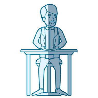 resmi takım elbise ve Van Dyke sakal ve masaüstünde sandalyede oturan adam mavi renk siluet gölgelendirme