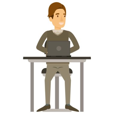 insan resmi giysiler ve kumral yan saçak ve dizüstü bilgisayar masası sandalyede oturan renkli siluet