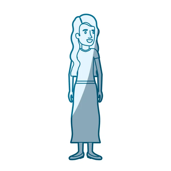 Blå färg silhuett skuggning av kvinnan står med vågig långt hår i blus och kjol — Stock vektor