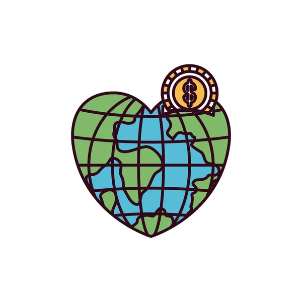 Silueta barevných sekcí v srdci zeměkoule na světě, s mincí a symbolem dolaru — Stockový vektor