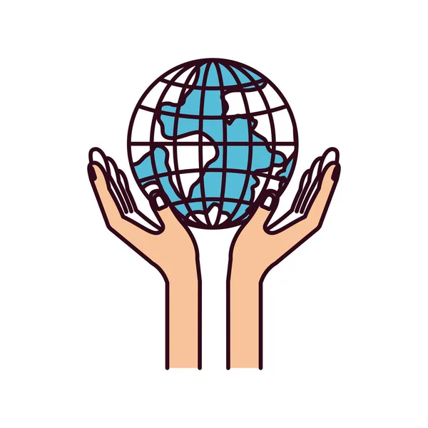 Silhueta cor seções mãos com flutuante terra globo símbolo de caridade mundial — Vetor de Stock