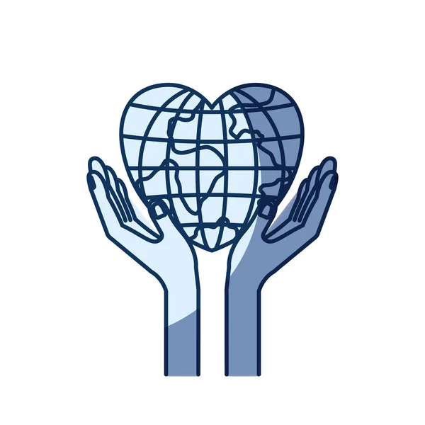 Silhueta de cor azul sombreamento de mãos com mundo globo terra flutuante em forma de coração — Vetor de Stock