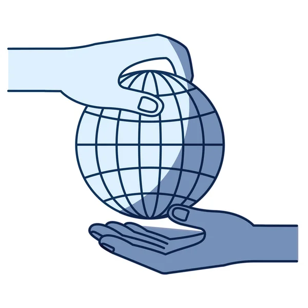 Sombreado de silueta de color azul de la vista lateral de la palma humana sosteniendo una carta del globo para depositar en otra mano — Vector de stock