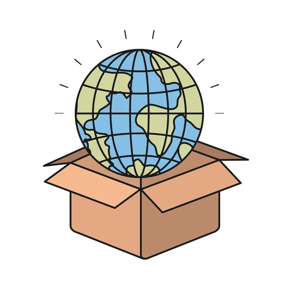 Silueta colorida primer plano globo mundo tierra saliendo de caja de cartón — Vector de stock