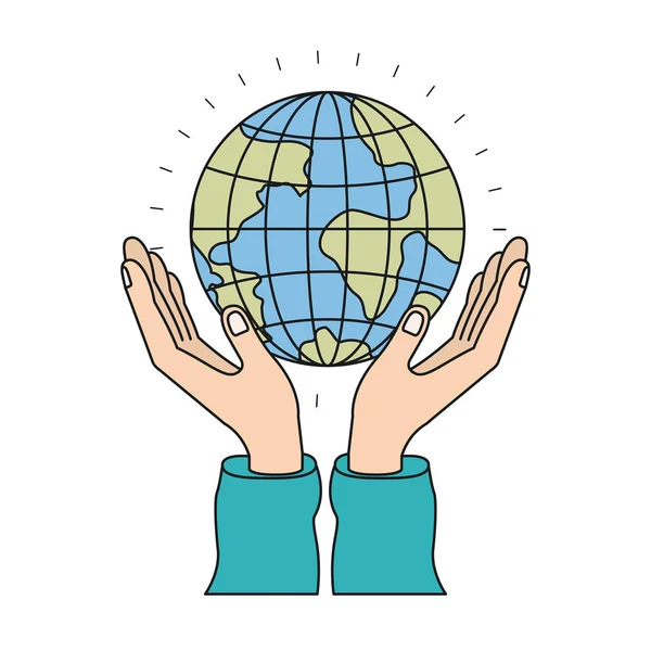 Colorful silhouette hands with floating earth globe world charity symbol — Stock Vector