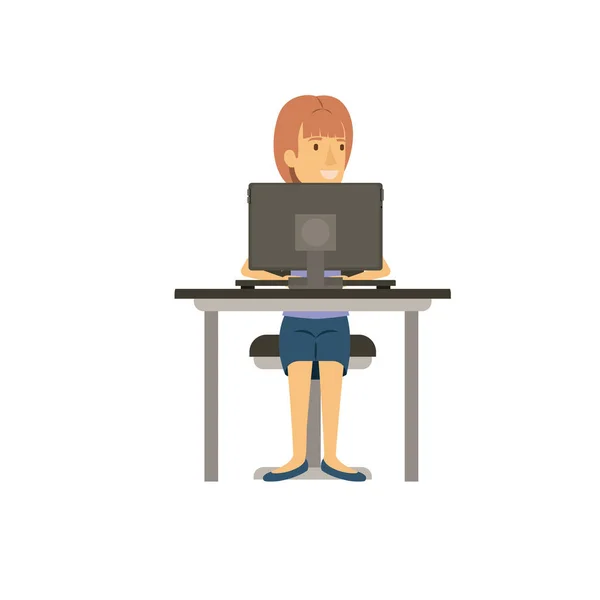 Silueta colorida de la mujer con pelo de cola de caballo y sentado en la silla en el escritorio con ordenador portátil — Vector de stock