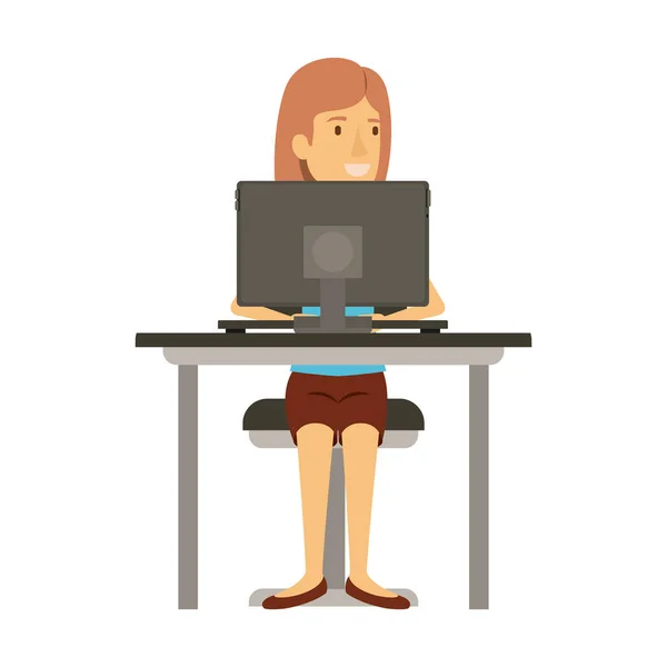 Barevná silueta ženy s krátkými vlasy a sedící na židli ve stole s počítačem — Stockový vektor