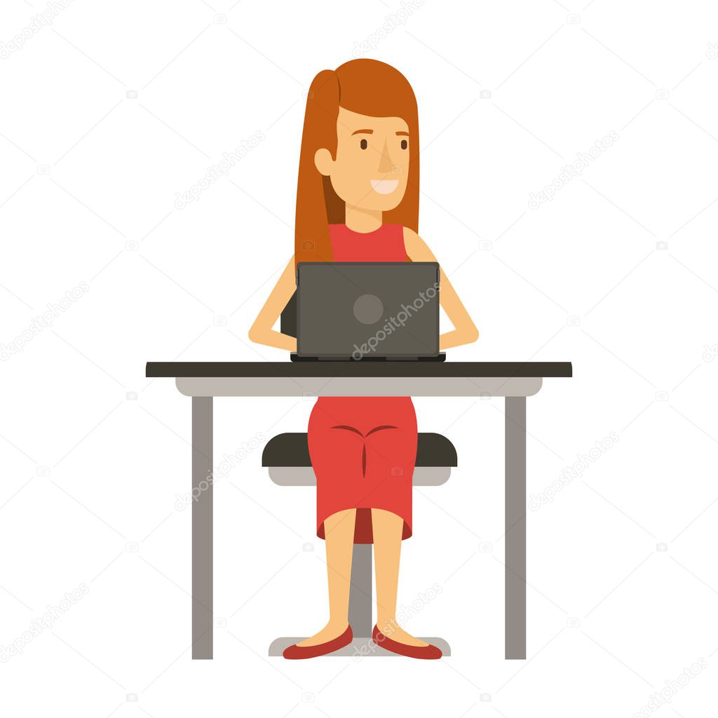 colorful silhouette of woman with long hair and straight and sitting in chair in desk with laptop computer