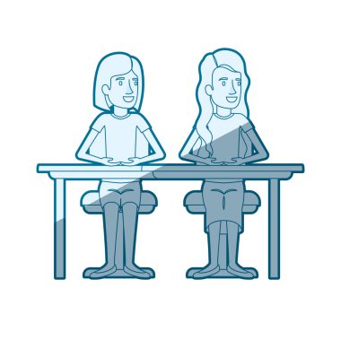 kısa saç ve uzun dalgalı saç ile diğer bir masada oturan birkaç kadın ile mavi renk siluet gölgelendirme