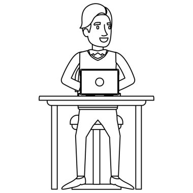 Resmi giysi ve saç yan saçak adam tek renkli siluet ve dizüstü bilgisayar ile masada sandalyede oturan