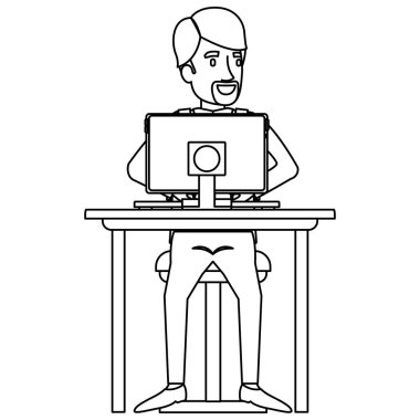 resmi giysiler içinde sakallı adam tek renkli siluet bilgisayar ile masada sandalyeye oturan