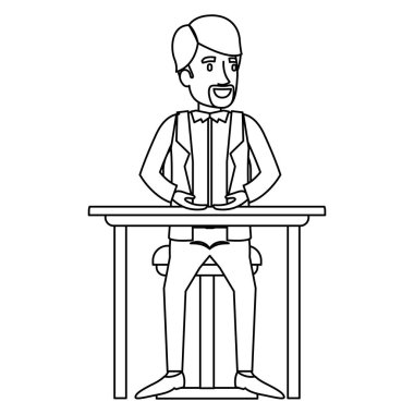 Resmi giysi ve kravat ile adam tek renkli siluet ve Masaüstü koltukta oturan