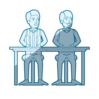 rahat giysiler ve sakal ve resmi takım elbise ve kravat ile diğer bir masada oturan erkeklerin mavi renk siluet gölgelendirmesi