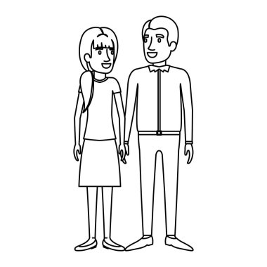 Erkek ve kadın ayakta ve onu rahat giysiler içinde at kuyruğu ve onu ile tek renkli siluet