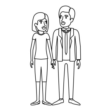 adam ve kadın ayakta ve onu kısa saçlı ve kravat ile resmi takım elbise onu tek renkli siluet