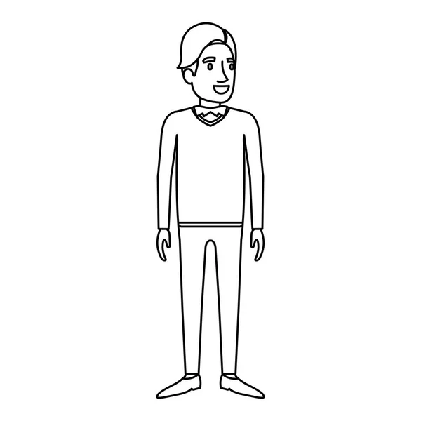 Silhouette monocromatica di uomo stand in abiti formali e capelli in frangia laterale — Vettoriale Stock
