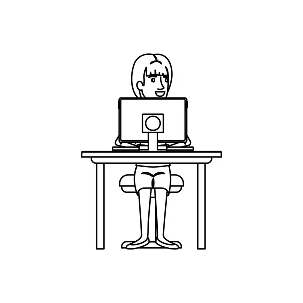 Silhouette monochrome de la femme avec les cheveux de queue de cheval et assis dans la chaise dans le bureau avec ordinateur — Image vectorielle