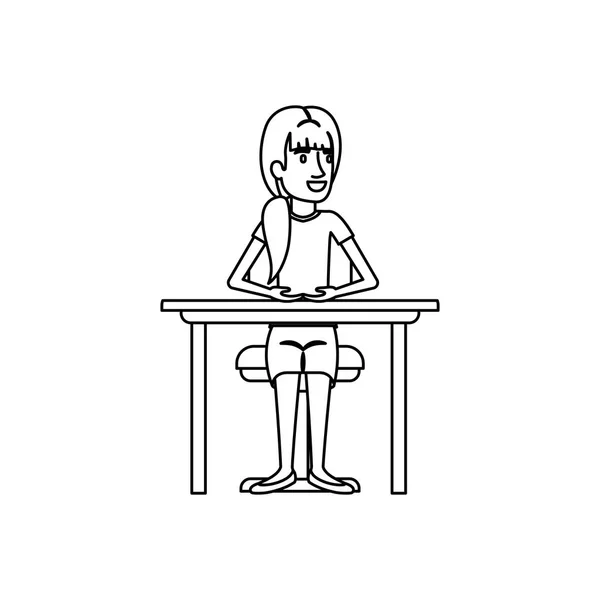 Μονόχρωμη σιλουέτα γυναίκα με αλογοουρά μαλλιά και κάθεται στην καρέκλα στην επιφάνεια εργασίας — Διανυσματικό Αρχείο