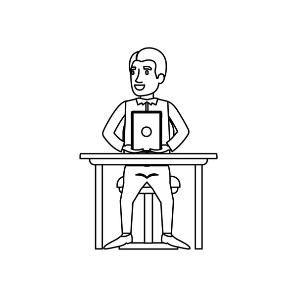 Μονόχρωμη σιλουέτα του ανθρώπου σε casual ρούχα και καθισμένος στην καρέκλα στο γραφείο με συσκευή tablet — Διανυσματικό Αρχείο