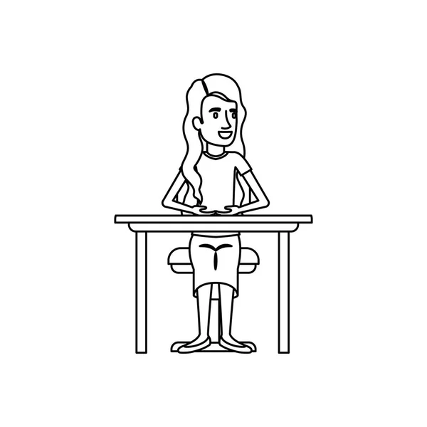 Silhueta monocromática de mulher com cabelo ondulado longo e sentado em cadeira na área de trabalho —  Vetores de Stock