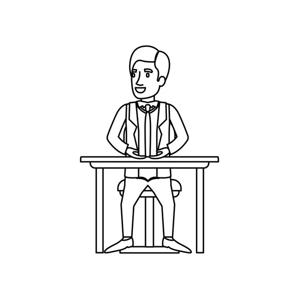 Silhouette monocromatica dell'uomo con abiti formali e cravatta e seduta in sedia da tavolo — Vettoriale Stock