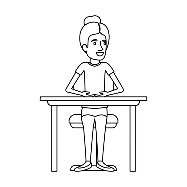 Silhueta monocromática de mulher com cabelo coletado e sentado em cadeira na área de trabalho —  Vetores de Stock