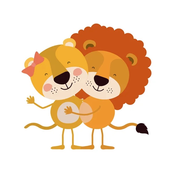 Çift dişi aslan ve aslan ile renkli karikatürlü kucakladı — Stok Vektör