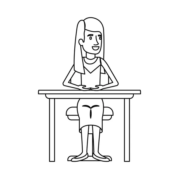 Silhouette monochrome de la femme aux cheveux longs et droite et assise sur la chaise dans le bureau — Image vectorielle