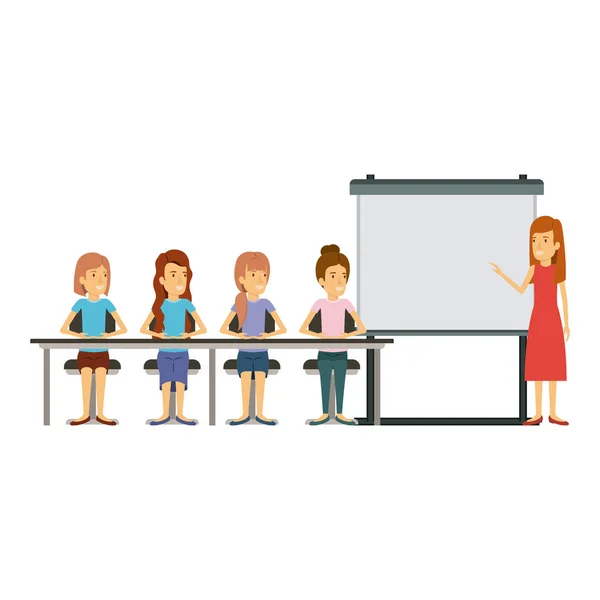 Vit bakgrund med kvinnor gruppen sitter i ett skrivbord för verkställande kvinna i presentacion affärsmän — Stock vektor