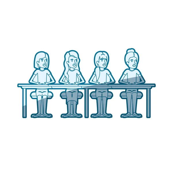 Sombreamento de silhueta de cor azul de trabalho em equipe de mulheres sentadas na mesa — Vetor de Stock