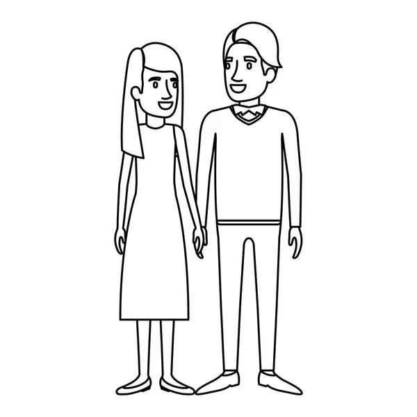 Monochrome Silhouette von Mann und Frau stehend und sie mit langen Haaren glatt und er in formeller Kleidung und haarseitigen Fransen — Stockvektor