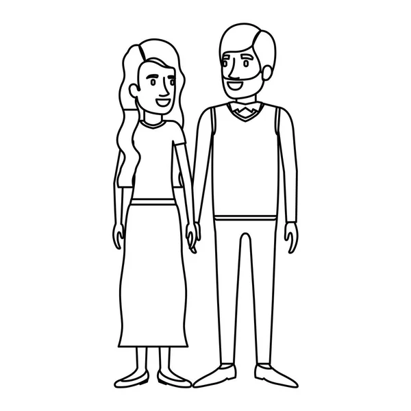 Erkek ve kadın ayakta ve onu resmi giysi ve sakal uzun dalgalı saç ve onu ile tek renkli siluet — Stok Vektör