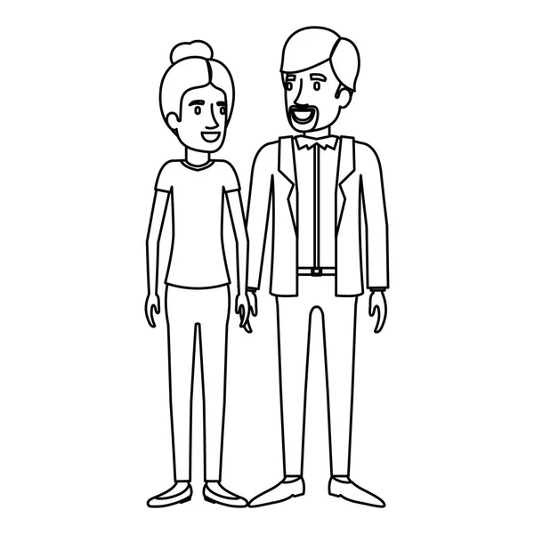 Monokrom silhuett av mannen och kvinnan står och henne med insamlade hår och honom i casual kläder och skägg Van Dyke — Stock vektor