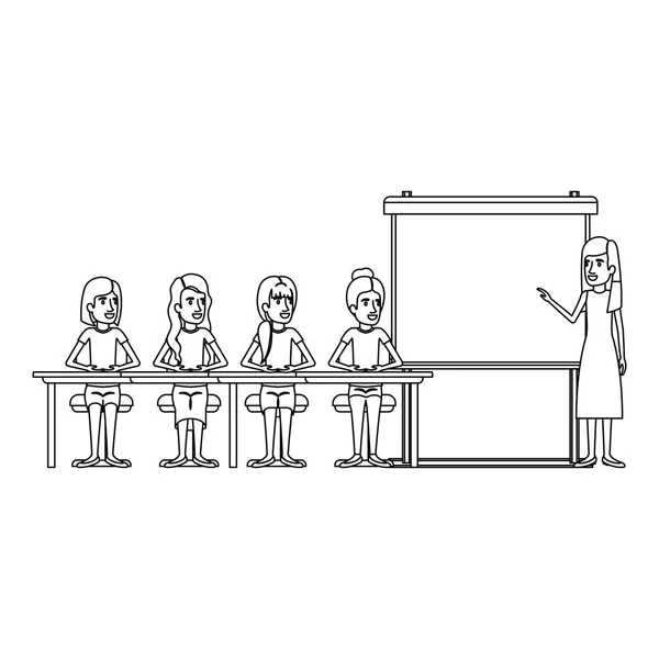 Monokrom bakgrund med kvinnor grupp sitter i ett skriv bord för kvinnliga verk ställande i presentacion affärs män — Stock vektor