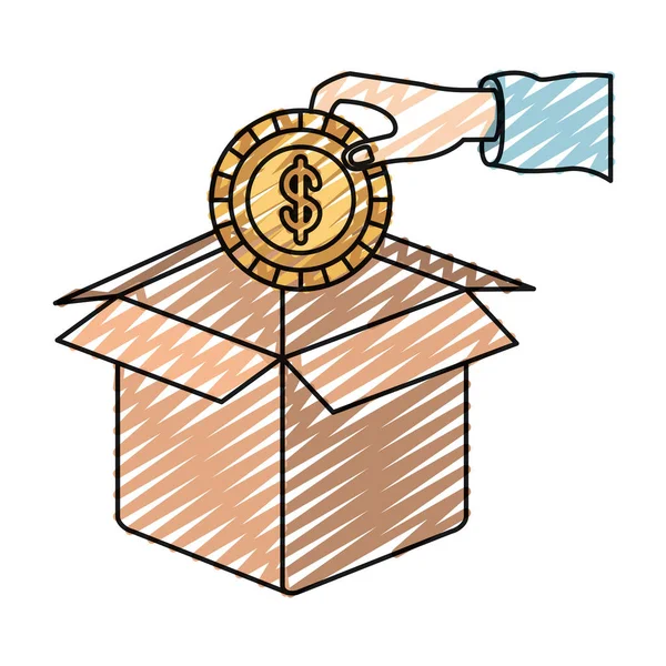 Color crayón silueta mano sosteniendo una moneda con símbolo de dólar en el interior para depositar en caja de cartón — Archivo Imágenes Vectoriales