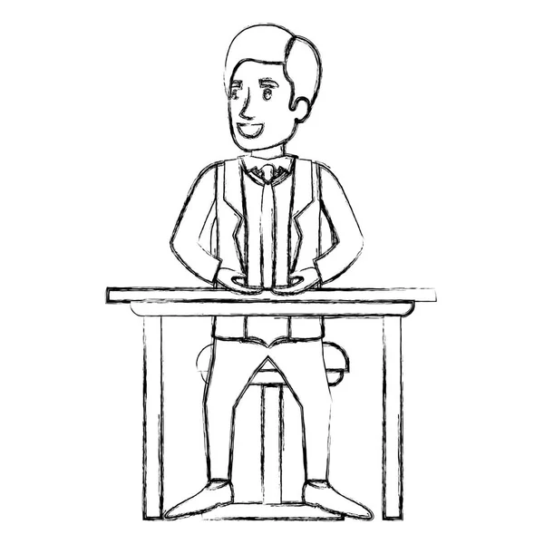Niewyraźne sylwetka człowieka w formalnym garniturze i strony włosów rozparte i siedzi na krześle w pulpicie — Wektor stockowy